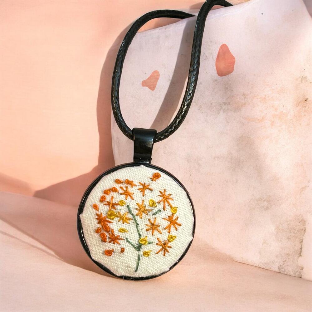 Handmade Orange Wildflower Bouquet Embroidered Pendant Necklace
